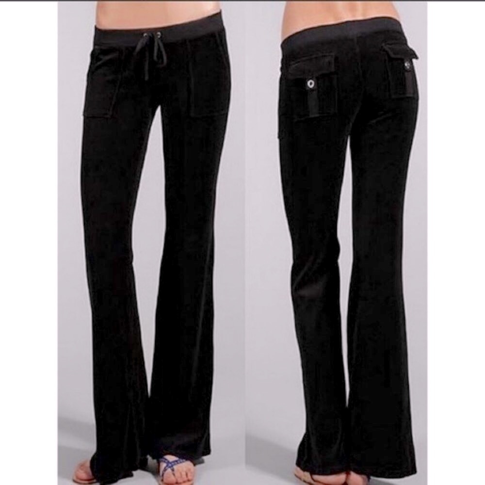 Juicy Couture Black Velour Snap Pocket Flare/Wide Leg Track Pants Size Large